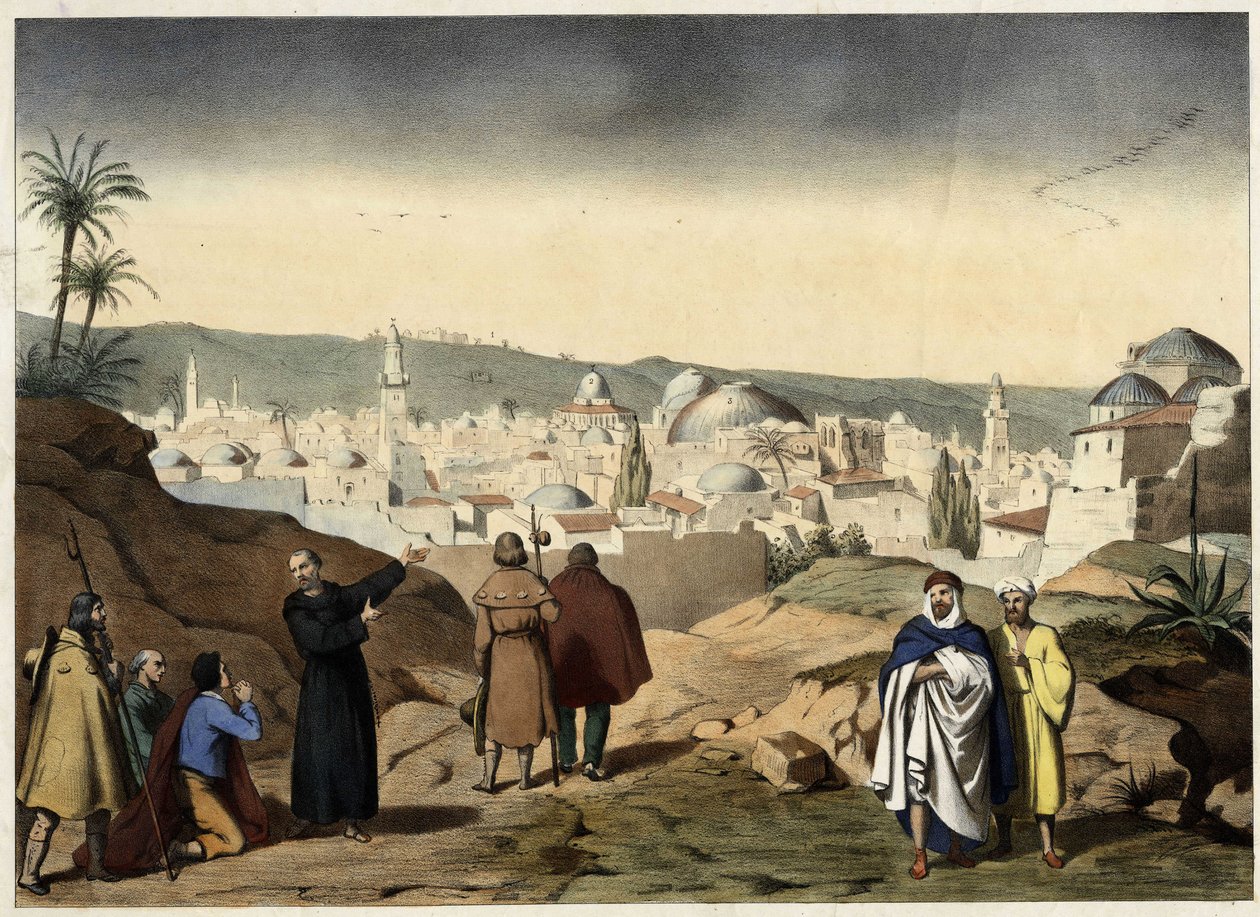 Pelerinové dorazí do města Jeruzaléma. Anonymní rytina z poloviny 19. století - ve „Velkém katechismu rodin““. od Unknown artist
