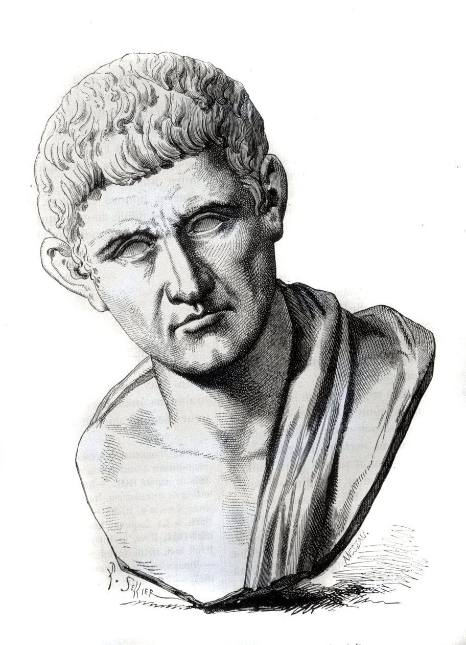 Filozof Aristoteles (384-322 př.nl) podle sochy Palazzo Spada v Římě. Rytina 19. století od Unknown artist