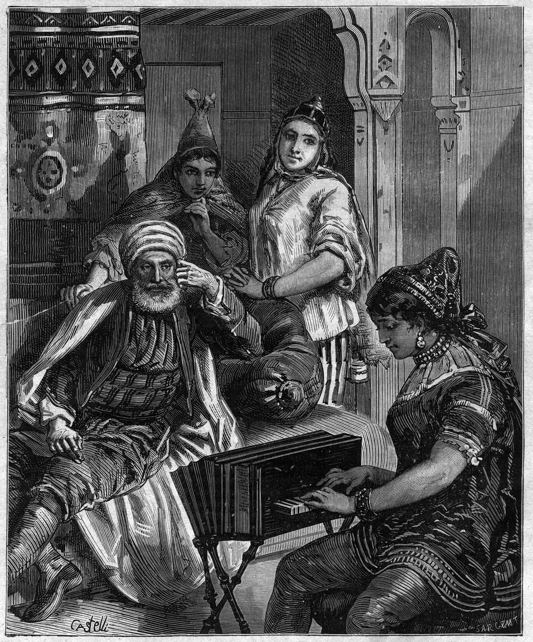 Obyvatelstvo Tuniska v 19. století - sobotní večer v židovské rodině v Tunisu - rytina Castelli v „“ journal des voyages“““ 1884 od Unknown artist