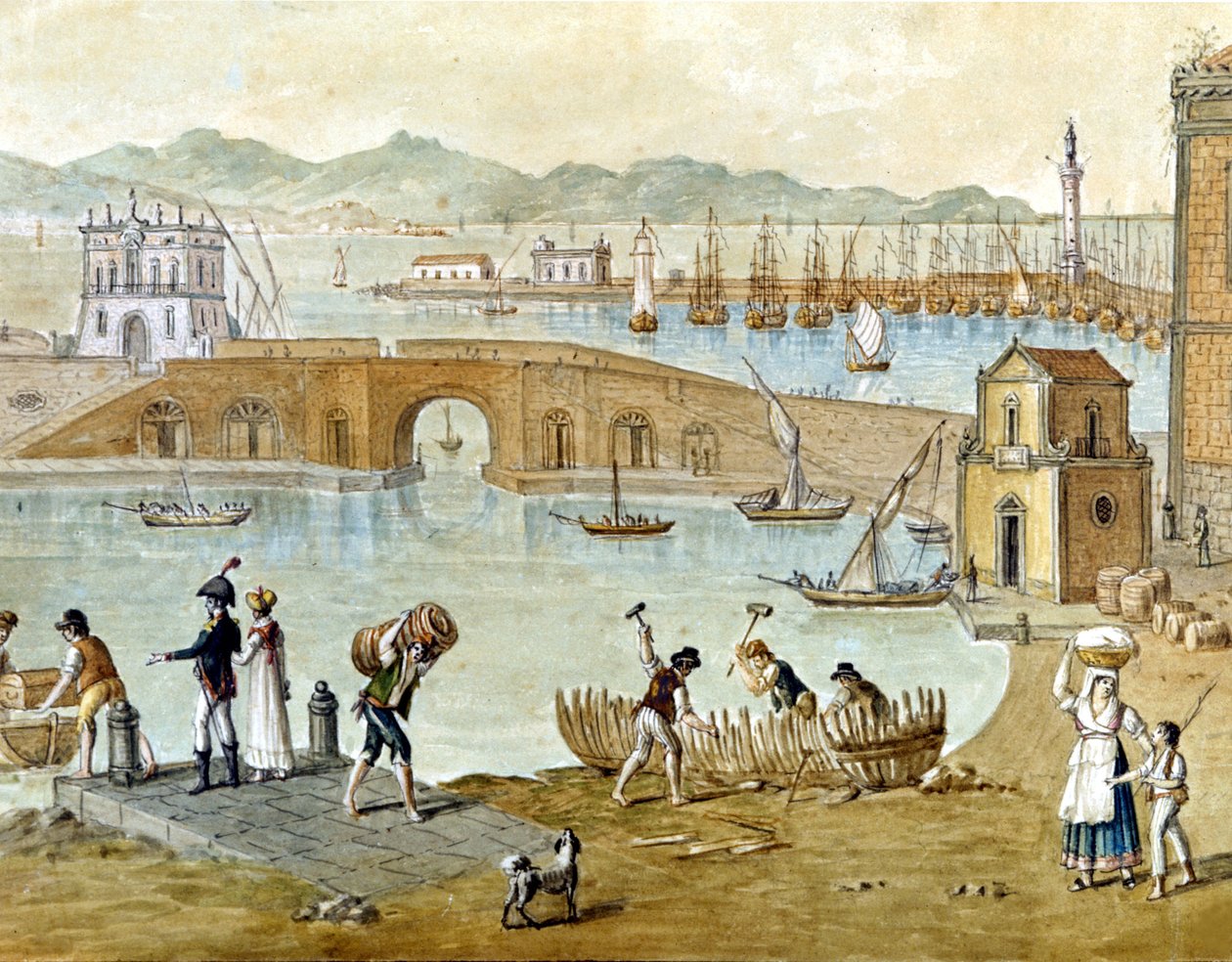 Neapolský přístav a Santa Lucia kolem roku 1800: cestovatelé se připravují k odjezdu a tesaři staví loď. Vodové barvy. od Unknown artist