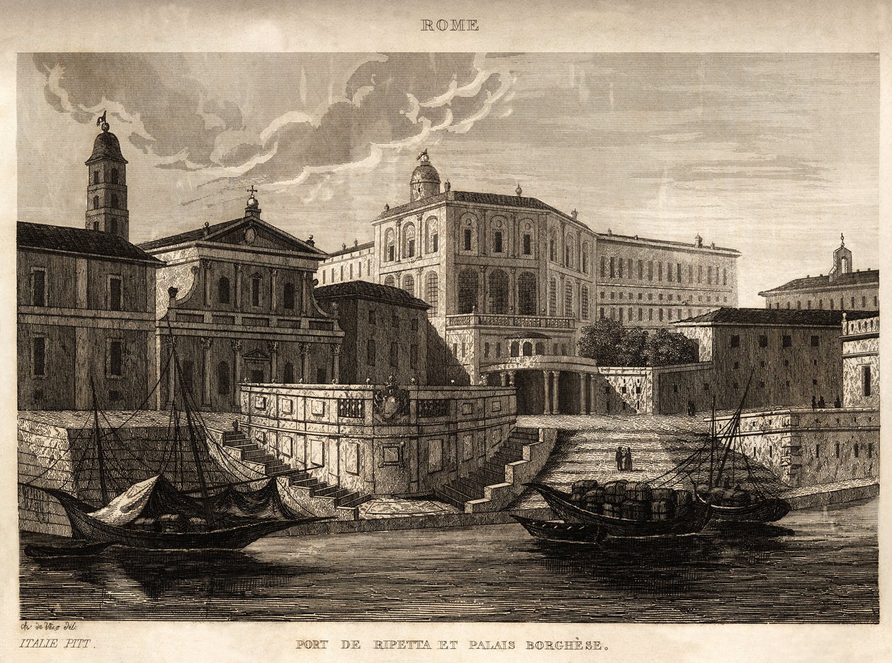 Přístav Ripetta a palác Borghese v Římě, rytina Ch. de Vene, v „“ Malebné Itálii“, editor Amable Coste, Paříž od Unknown artist