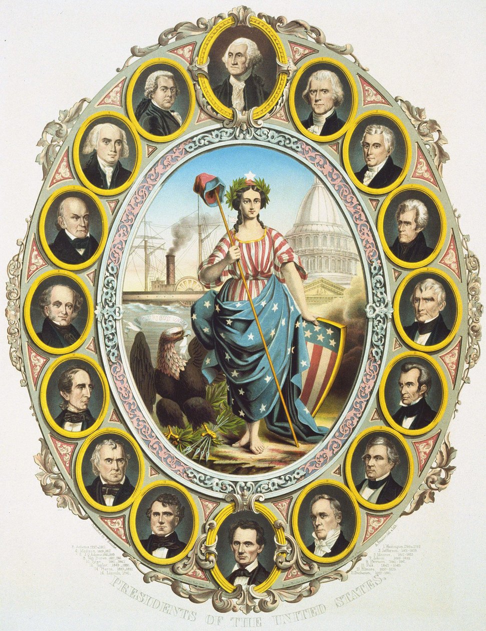 Prezidenti Spojených států se symbolem Ameriky uprostřed. Nahoru, Washington a dolů Abraham Lincoln. Plakát vydaný při inauguraci Lincolnova prezidentství v roce 1861. Rytina 1861. od Unknown artist