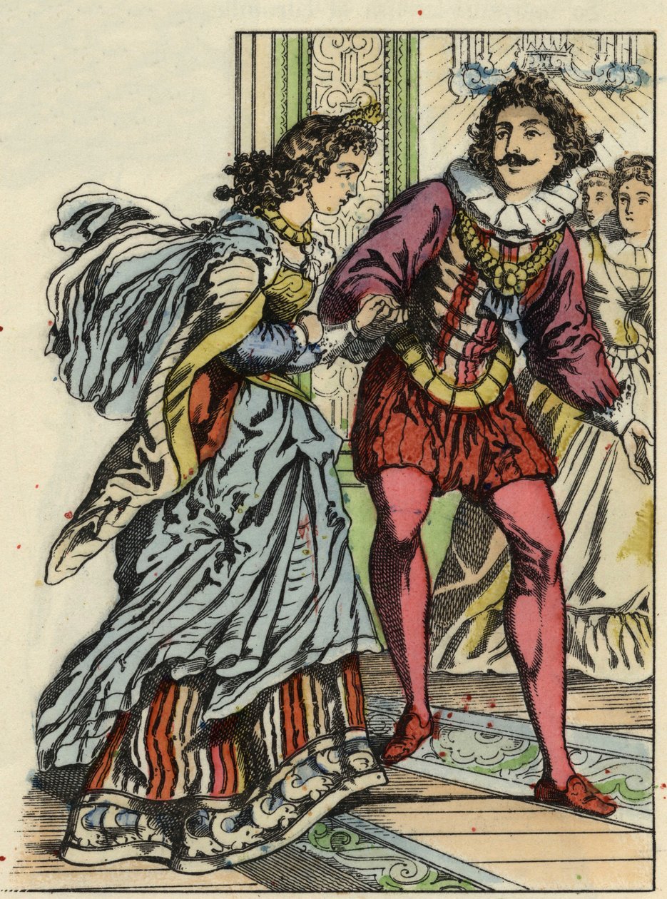Princ vyzve Popelku k tanci. Ilustrace příběhu Charlese Perraulta „Popelka aneb La petite slipper de verre“ od Unknown artist