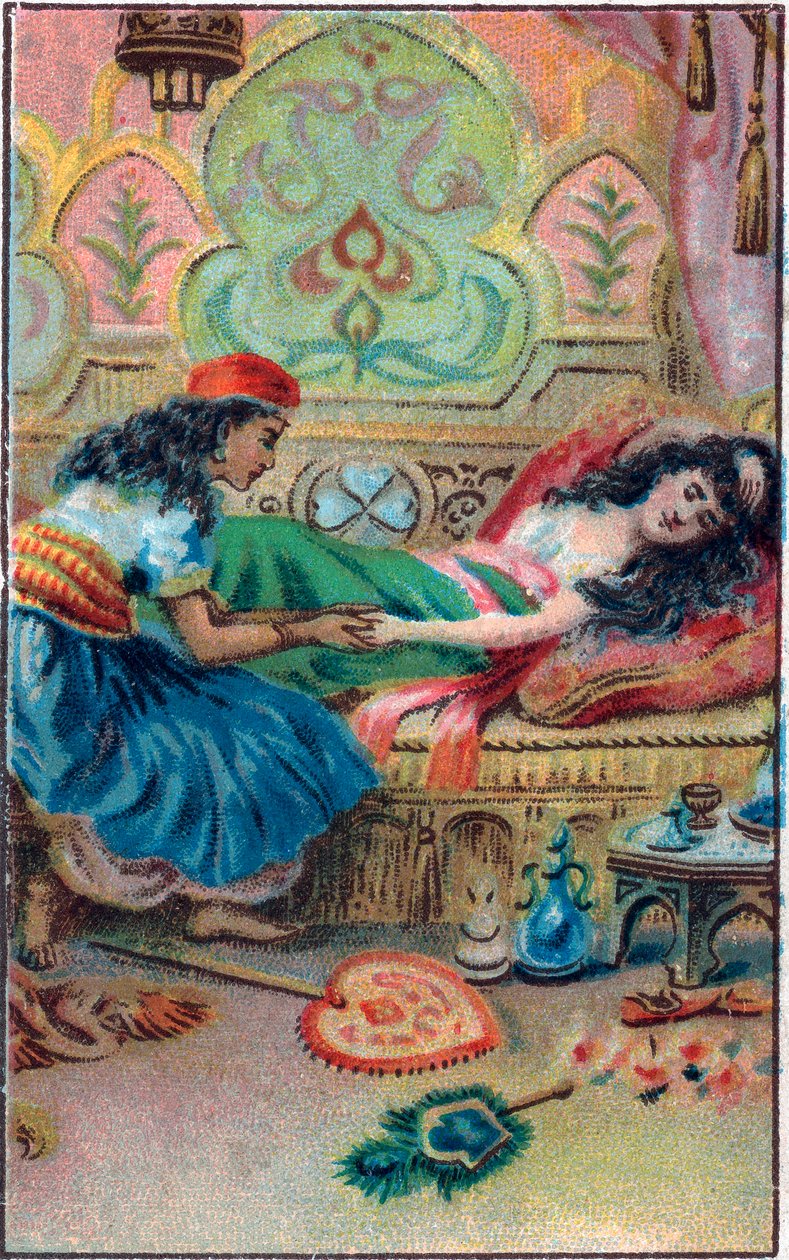 Fakta o princezně. Příběh „Příběh o začarovaném koni““ v „Tisíc a jedna noc“ (1001 nocí nebo Le mille e una notte, Arabské noci). Chromolitografie konce 19. století. od Unknown artist