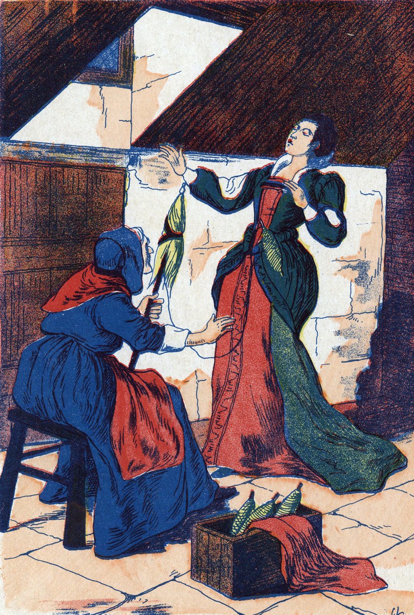 Princezna si propíchne ruku a usne. Anonymní ilustrace k „La belle au bois dormant“, příběh Charlese Perraulta (1628-1703), francouzského spisovatele. Snímky Marcel Vagne, Jarville Nancy, nedatováno (konec 19. století). od Unknown artist