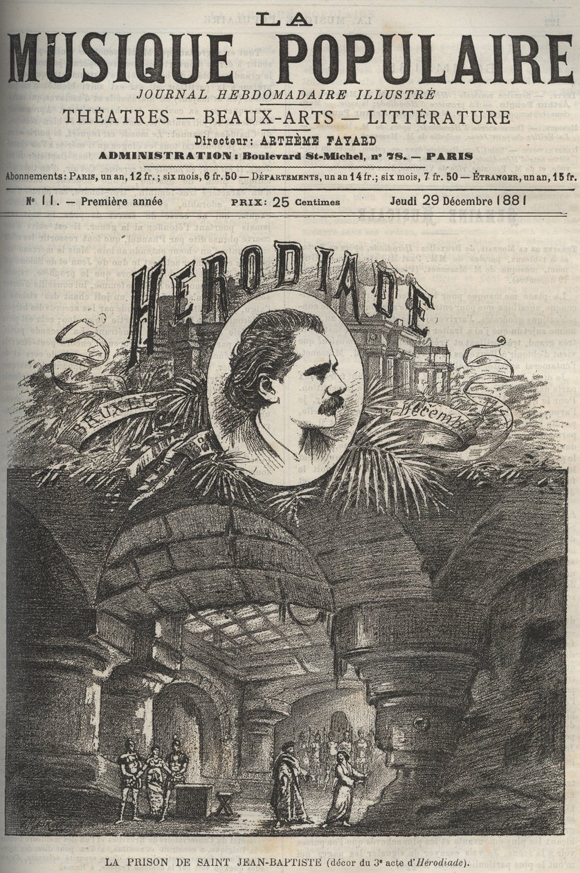 Vězení svatého Jana Křtitele - výzdoba 3. jednání „Herodiady“, opera o čtyřech jednáních a sedmi obrazech Julese Masseneta, na libreto Paula Millieta a Henriho Gremonta – rytina v ilustrovaném týdeníku „La musique populaire“ - 1882 od Unknown artist