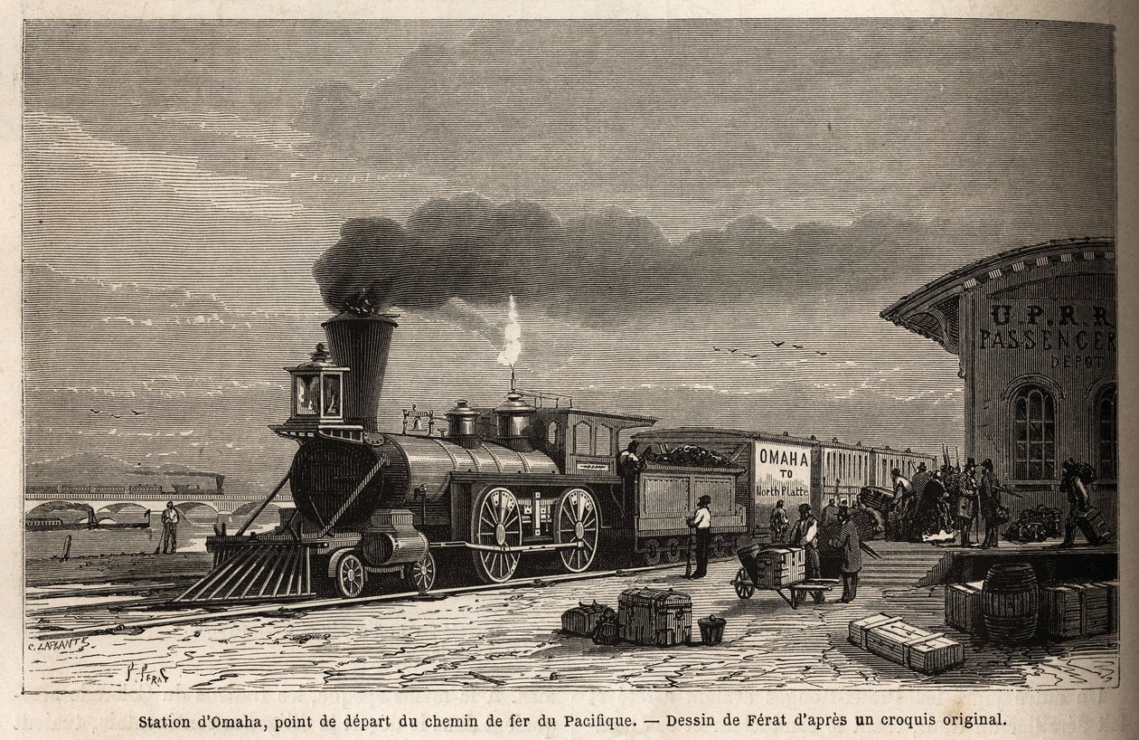 Železnice má stanici Omaha (Nebraska), výchozí bod linek vedoucích do Pacifiku. Rytina pro ilustraci cesty na americký dálný západ, od M. L. Simonina, v roce 1867, publikovaná v „Le tour du monde, nouveau journal des voyages“, vyd. od Unknown artist