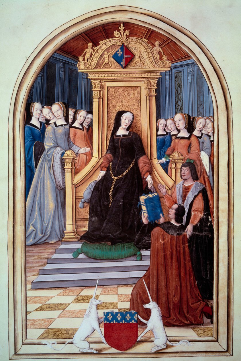 Francouzský regent Louise de Savoie (1476-1531) obdržel knihu dvou echevinů z města Amiens. V popředí zbraně Amiens. Královské obrazy a písně Puy Jam Notre Dame d