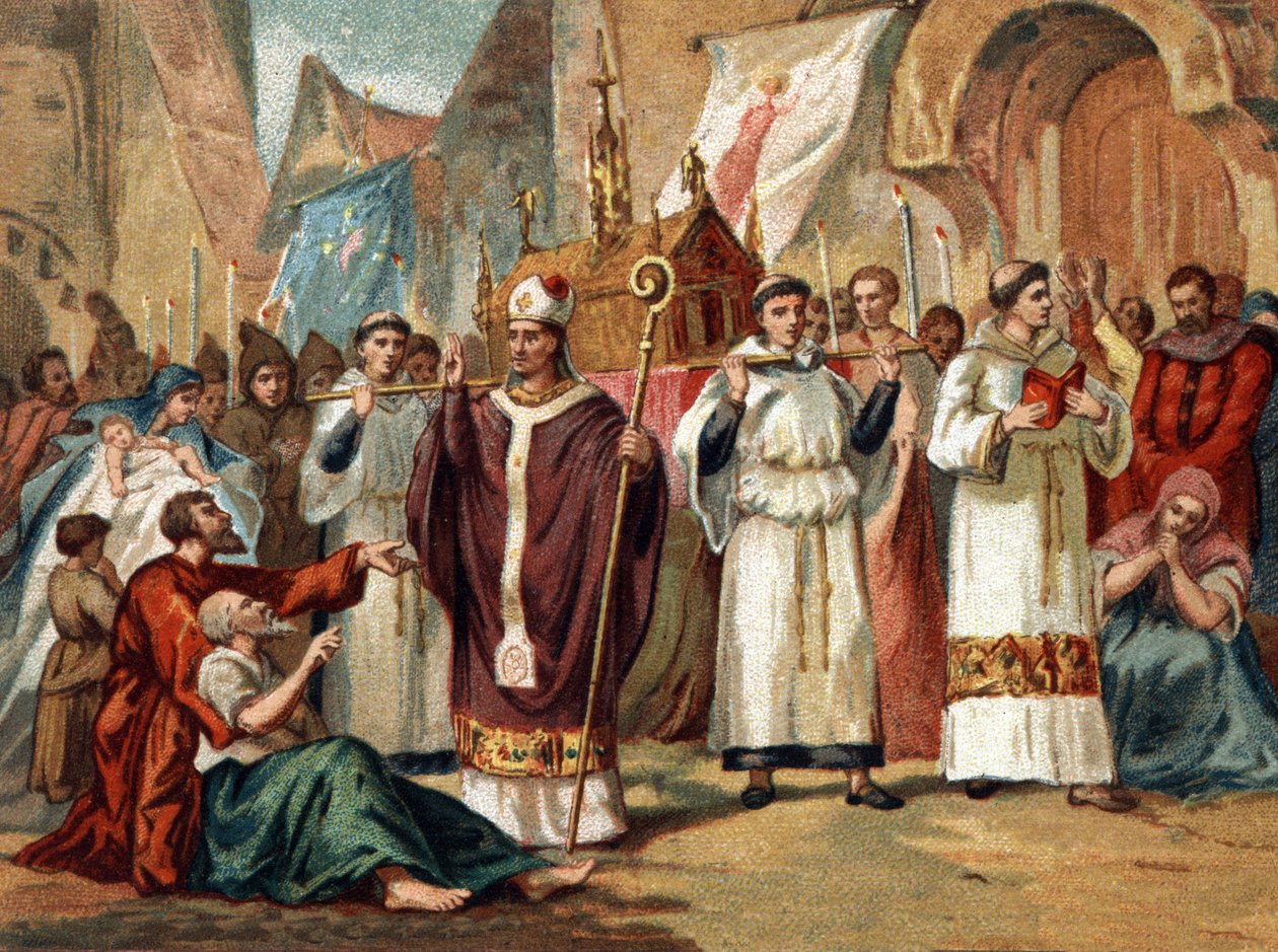 Relikvie Sainte Genevieve (422-502), patronky Paříže, jsou přepravovány po ulicích Paříže. Chromolitografie kolem roku 1890. od Unknown artist