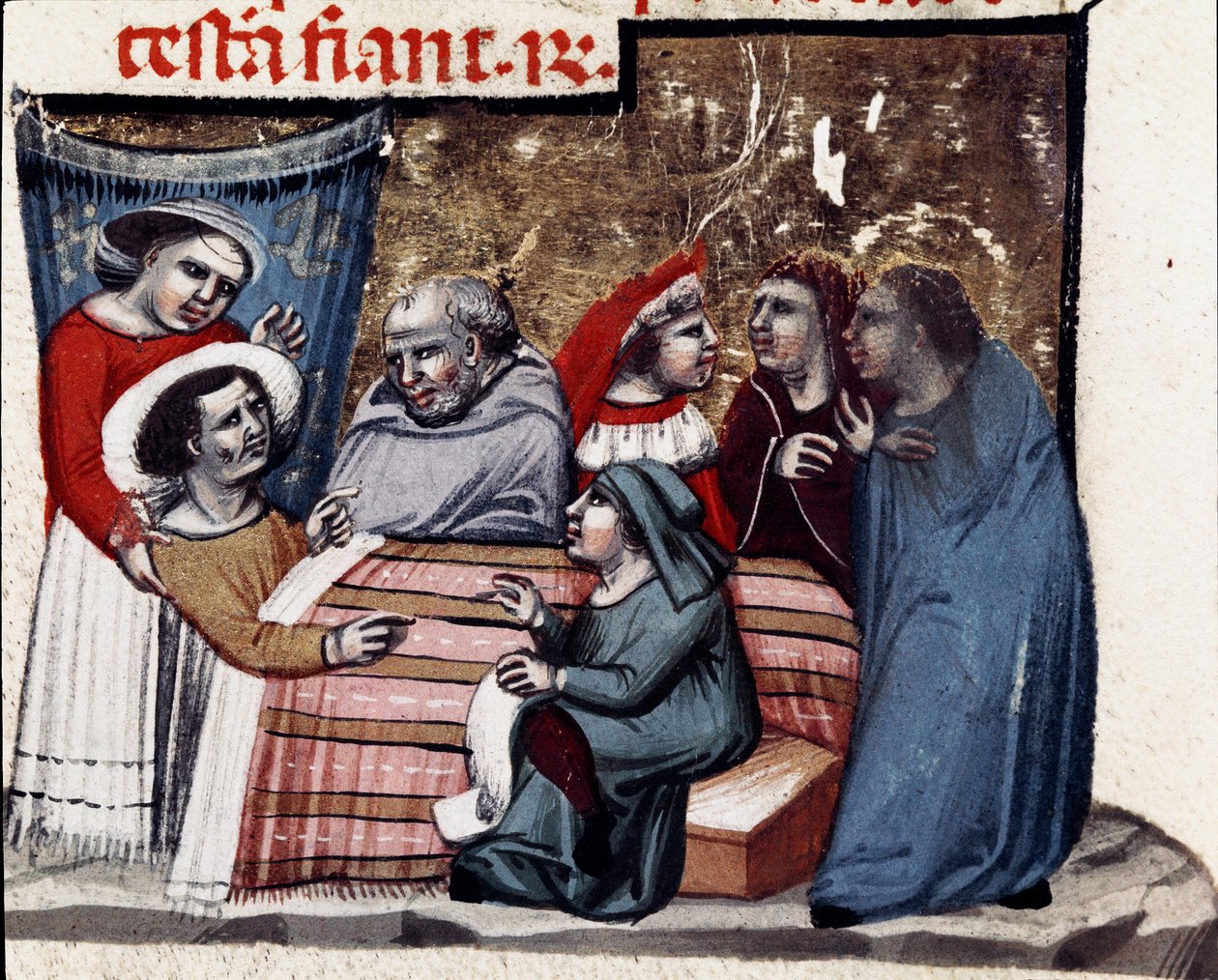 Opakování závěti u lůžka nemocného Miniatura z Justiniánského zákoníku (Codex Justinianus), sbírky zákonů a institucí vydaných za římského císaře Justiniána I. Byzantského (483-565) od Unknown artist