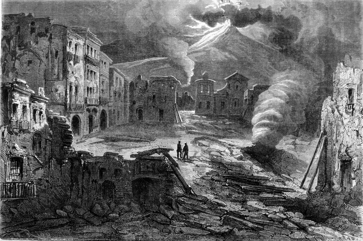 Zbytek náměstí Piazza de Torre del Greco během erupce Vesuvu 12.8.1861. od Unknown artist