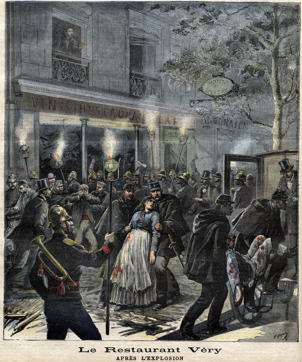 Restaurace Very (24 Boulevard Magenta v Paříži) po výbuchu způsobeném útokem anarchisty Francoise Koenigsteina dit Ravacola (1859 - 1892) dne 30. března 1892. V „“ The Petity Journal“ od Unknown artist