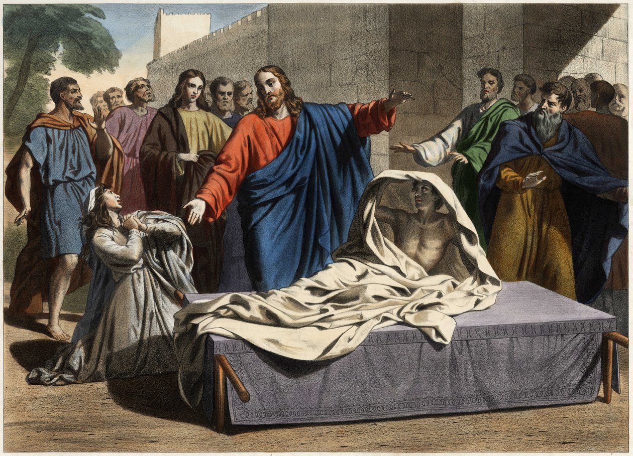 Vzkříšení syna vdovy z Nainu: Ježíš Kristus křísí jediného syna vdovy. Rytina z poloviny 19. století. od Unknown artist
