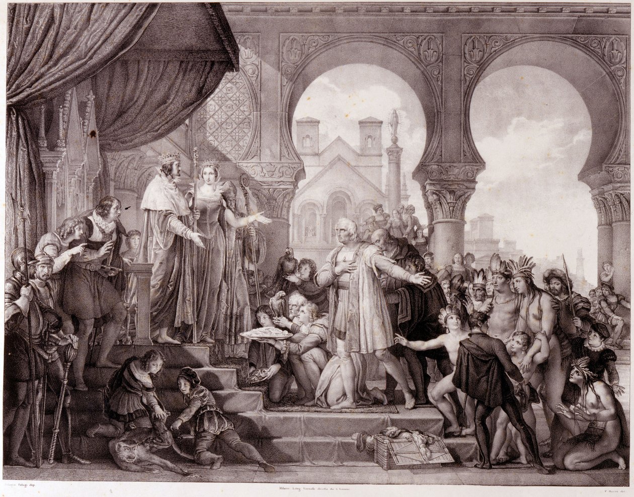 Návrat Kryštofa Kolumba do Španělska před krále Ferdinanda II. Aragonského a Isabellu 1. Kastilskou (nazývanou katolička) po objevení Ameriky. Rytina 19. století. od Unknown artist