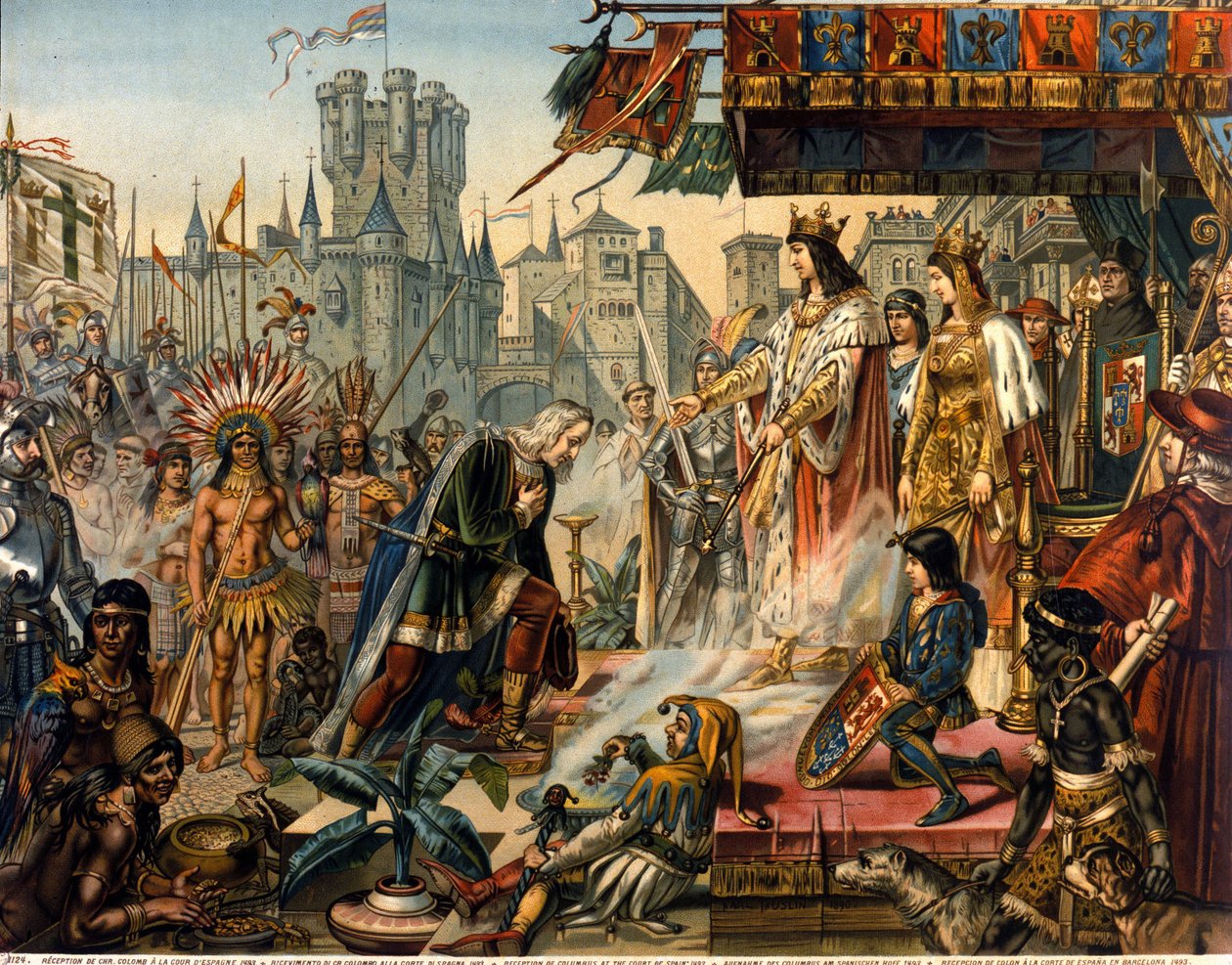 Návrat Kryštofa Kolumba do Španělska před krále Ferdinanda II. Aragonského a Isabellu 1. Kastilskou (nazývanou katolička) po objevení Ameriky. Rytina 19. století. od Unknown artist