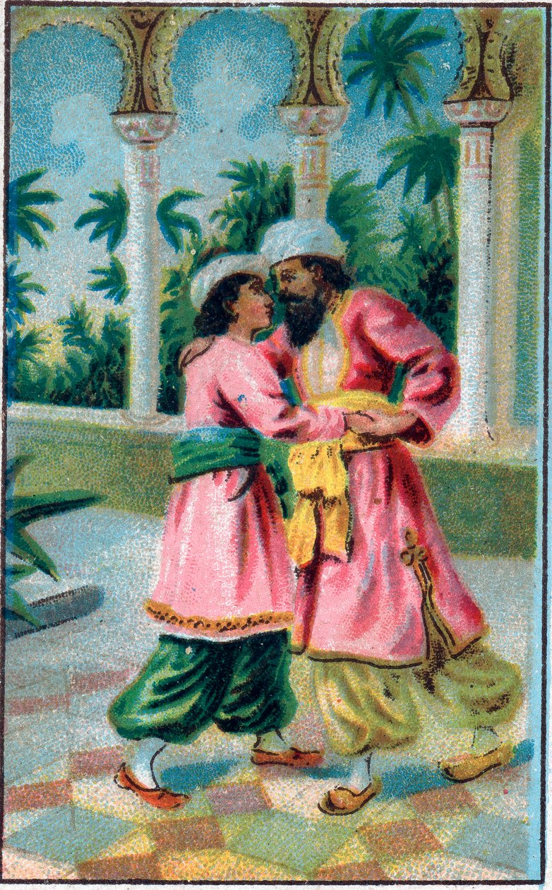 Návrat prince. Příběh „Příběh o začarovaném koni“““ v „“Tisíc a jedna noc“““ (1001 nocí nebo Le mille e una notte, Arabské noci). Chromolitografie konce 19. století. od Unknown artist