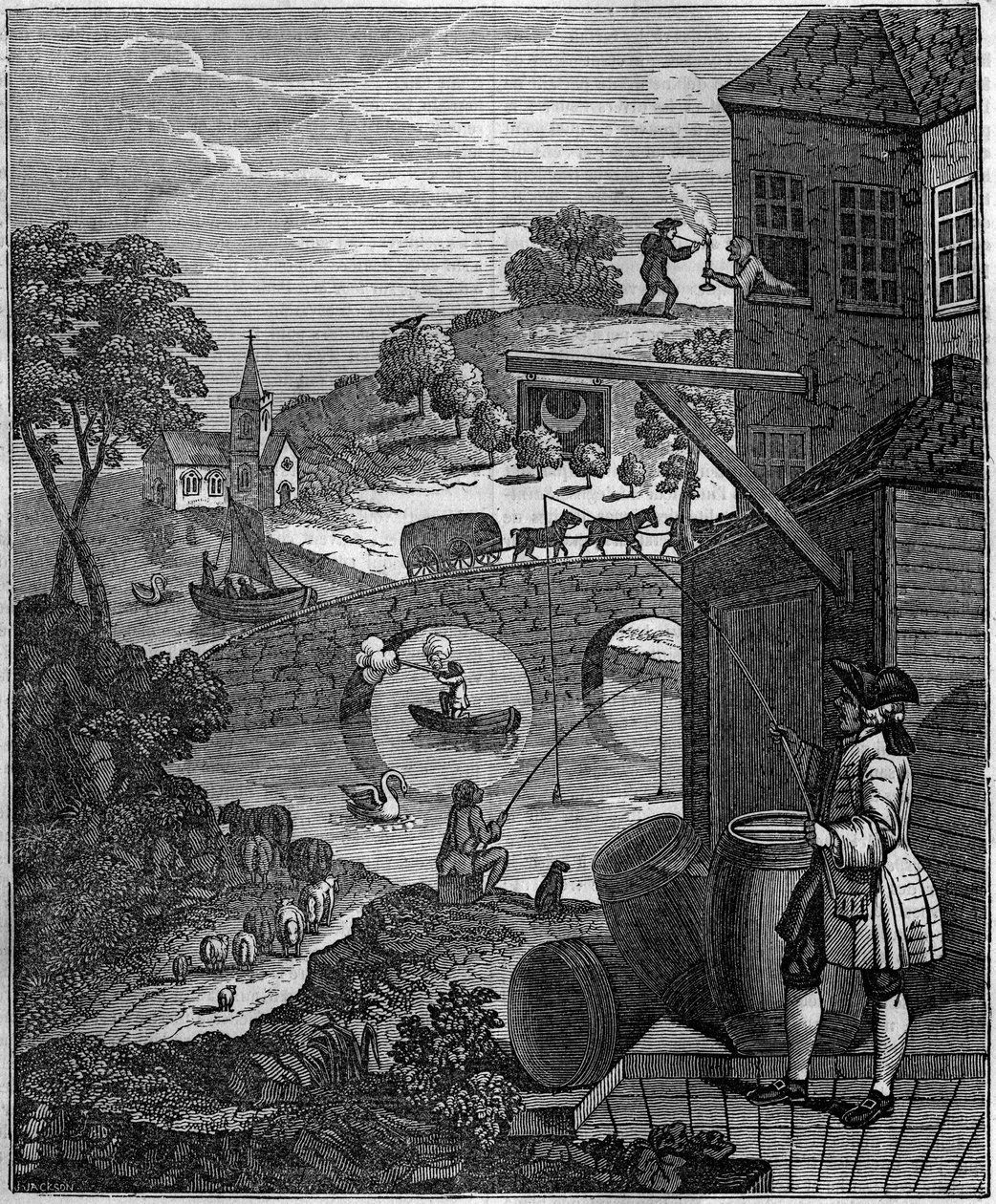 Směšná perspektiva Satirická ilustrace Williama Hogartha (1697-1764) zesměšňující umění malířské perspektivy tím, že navrhuje rovinné úrovně objektů a osob, které jsou ve skutečnosti nemožné kvůli vzdálenostem. od Unknown artist