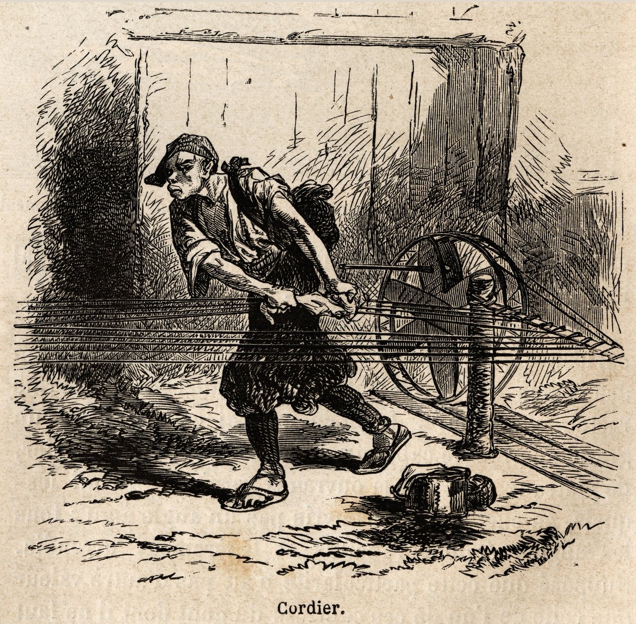 Výrobce provazů. Rytina k ilustraci plavby do Japonska v letech 1863-1864 od Aime Humberta, ministra Švýcarské konfederace, v „Le tour du monde, nouveau journal des voyages“, vydaném pod vedením Edouarda Chartona od Unknown artist