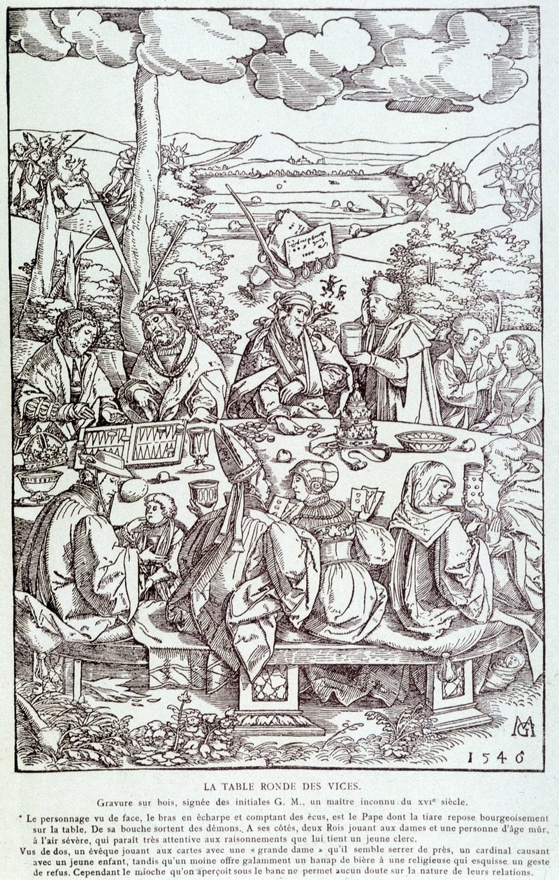Kulatý stůl neřestí: hra, chamtivost, chtíč, pýcha... - Rytina 1546 od Unknown artist