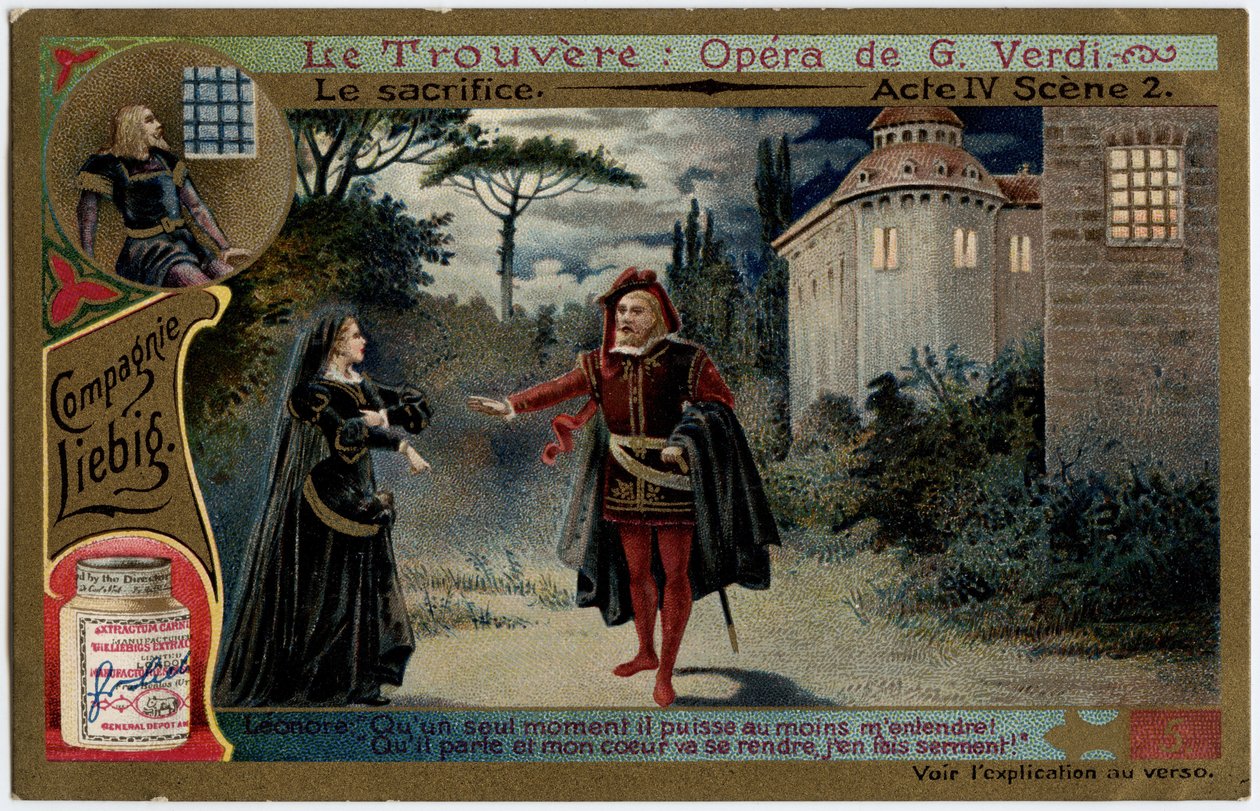 Obětovací akt IV scéna 2. Ilustrace k opeře „“ The find““ (Il trovatore) od Giuseppe Verdiho (1813-1901). Chromolitografie (Chromo) Liebig z konce 19. století. od Unknown artist