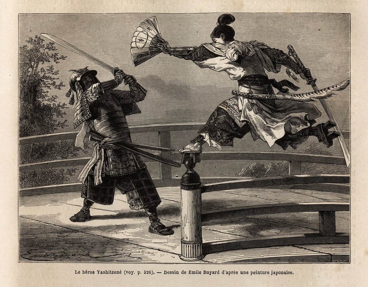 Samuraj Yashitsune v rovnováze na bariérě mostu zaútočí na samuraje v brnění. Rytina pro ilustraci plavby do Japonska v letech 1863-1864 od Aime Humberta, ministra Švýcarské konfederace, v „“Le tour du monde, nouveau journal des voyages““ od Unknown artist
