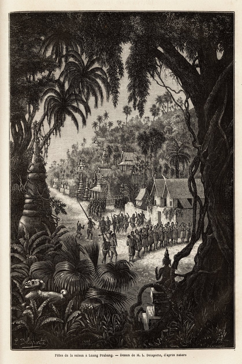 Oslavy sezóny v Luang Prabang, královském hlavním městě Lan Xang (království milionů slonů) (dnešní Laos), sestávající z průvodu obyvatel a pagody uctívání po celém městě. Rytina pro ilustraci průzkumné cesty od Unknown artist