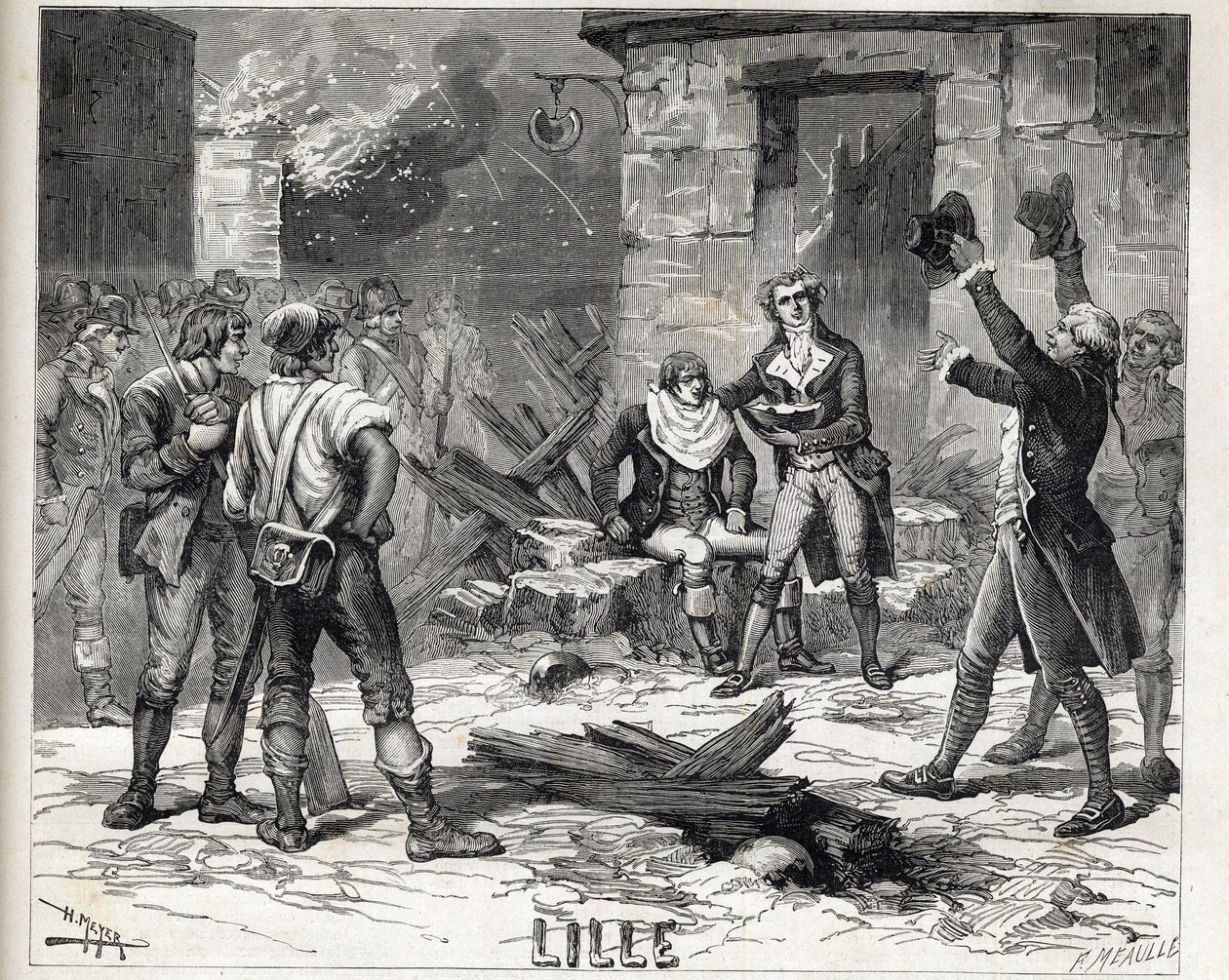 Miska na holení z Lille. Epizoda z obležení Lille v roce 1792 během francouzských revolučních válek - Siege de Lille v roce 1792: paruka Maes, která používala střepinu bomby jako misku na vousy k holení klienta - od Unknown artist