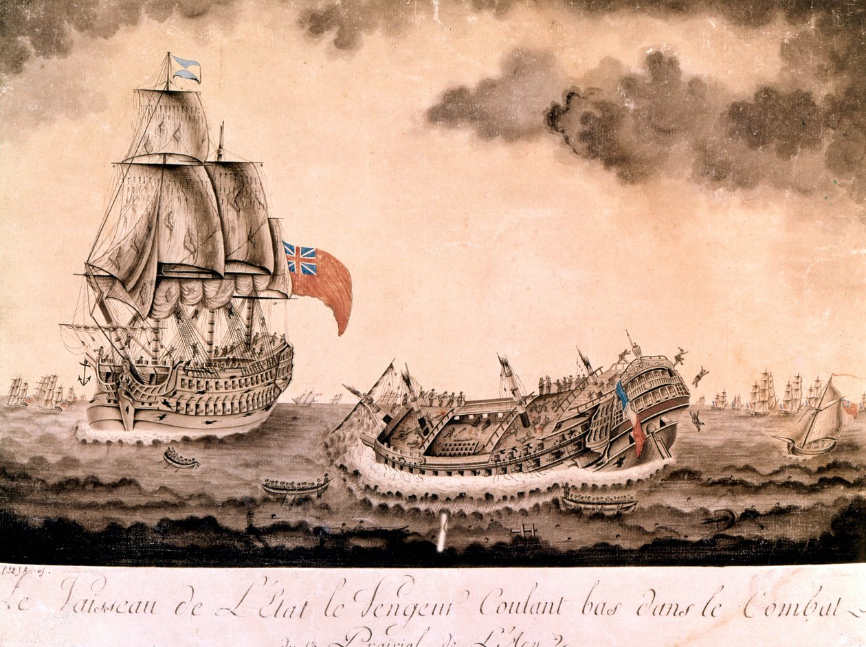 Vrak lodi „mstitel“ se potopil u Brestu anglickou flotilou 1. června 1794. Rytina konec 18. století, začátek 19. století. od Unknown artist