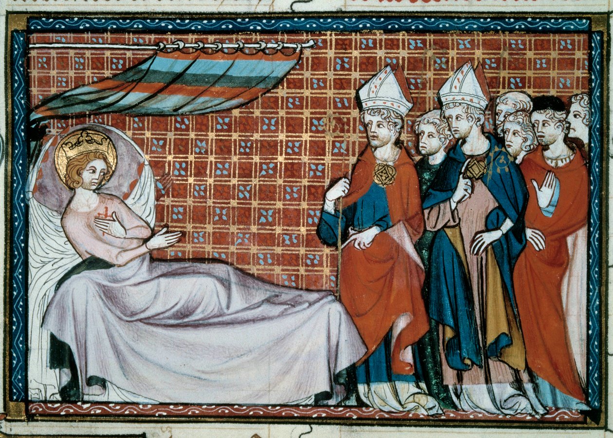 Nemocný francouzský král Saint Louis (Ludvík IX.) (1214-1270) oslovuje své příbuzné a duchovenstvo. Miniatura z rukopisu „Život a zázraky Saint Louis“ od Viléma ze Saint Pathus od Unknown artist
