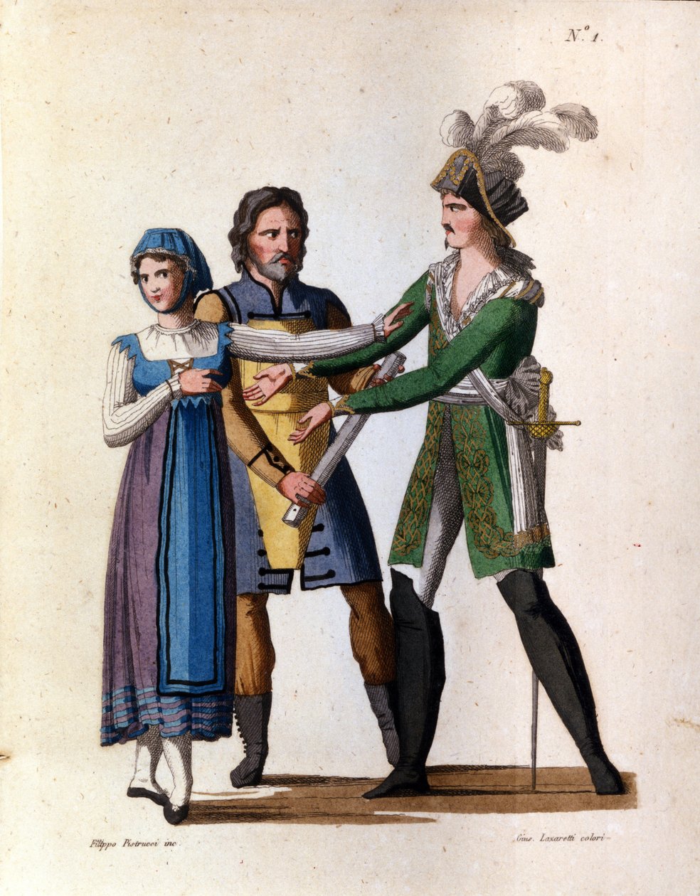 Zpěváci Savino Monelli (Bertrando), Teresa Bellog (Isabella) a Filippo Galli (Tarabotto) v polovážné opeře "" L