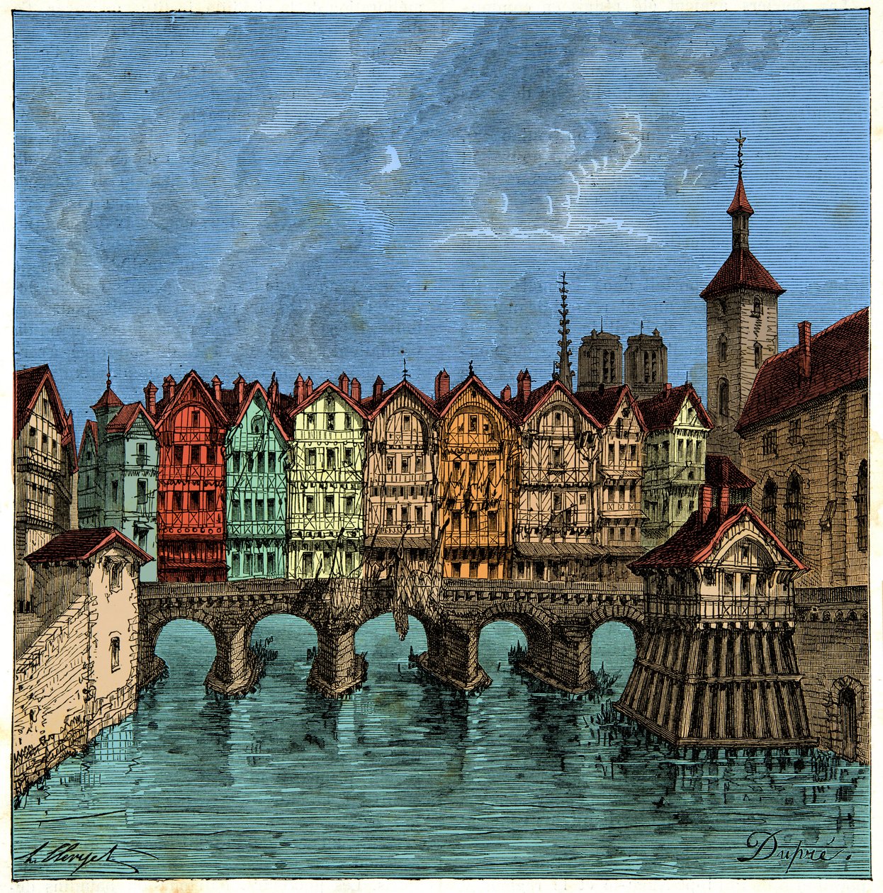Malý most, který byl později Pont au Change v Paříži ve středověku, rytina 19. století od Unknown artist