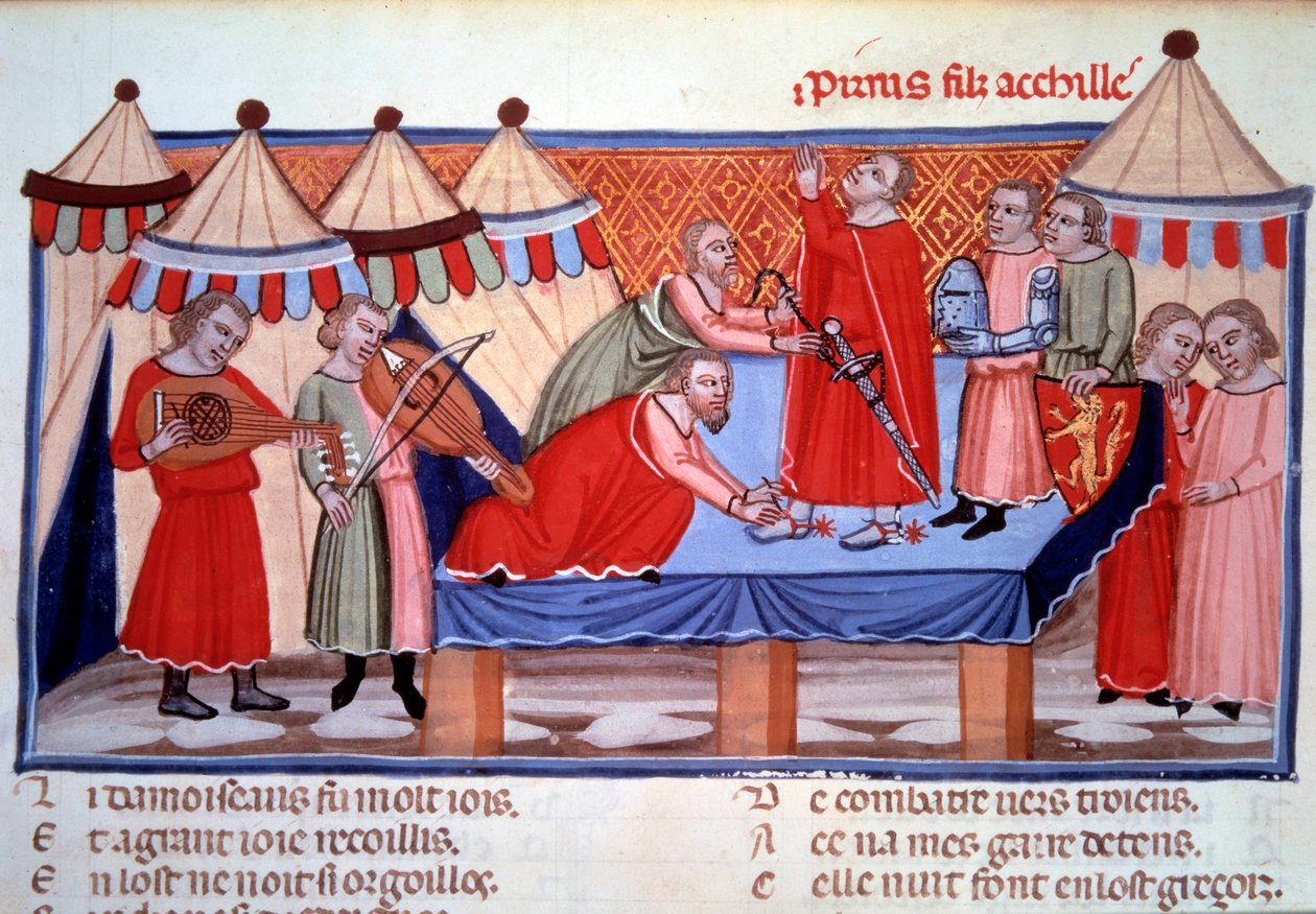 Obměkčení Pyrrha, syna Achilla. Miniatura převzatá z „“Le roman de Troie”” od Benoita de Sainte-Maure (konec 12. století), normanský básník realizovaný kolem 1160-1170 pro Alienora d