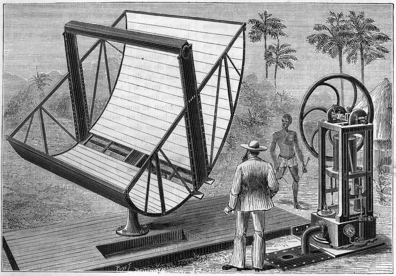Solární stroj experimentoval v roce 1883 John Ericsson (1803 -1889), americký inženýr švédského původu, jeden z otců využití sluneční energie. v přírodě. Přehled věd a jejich aplikací v umění a průmyslu.“ od Unknown artist