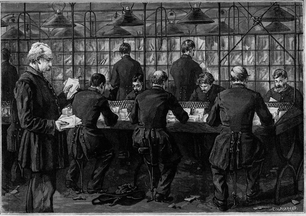 Třídění korespondence v kanceláři Hotel des Postes v Rue du Louvre v Paříži. Rytina v časopise „“La jeunesse““ od Unknown artist