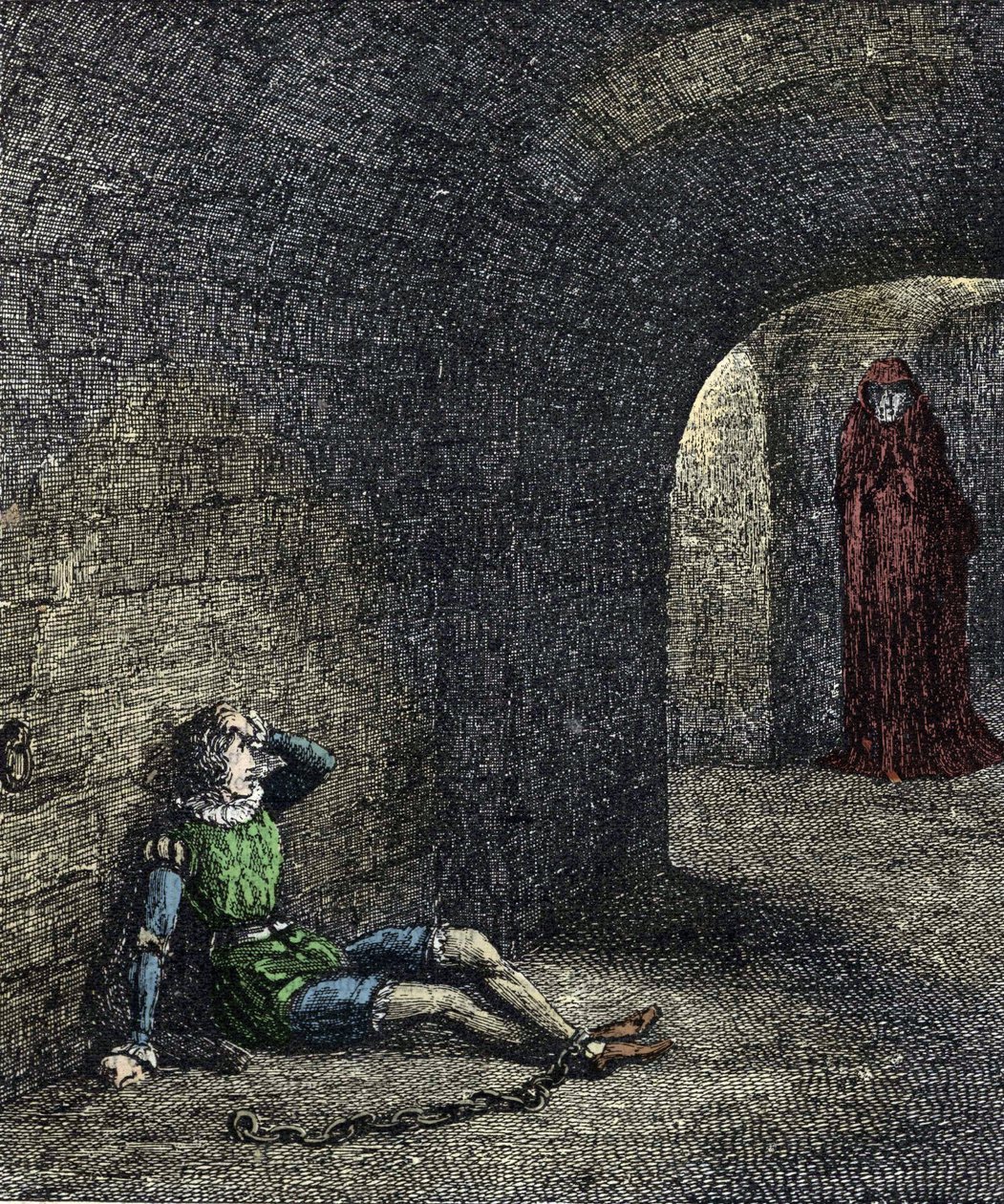 Přízrak věže Vězeň řetězy v kobce vidí před sebou ducha. Ilustrace k „Londýnské věži“ od Williama Harrisona Ainswortha z 19. století od Unknown artist