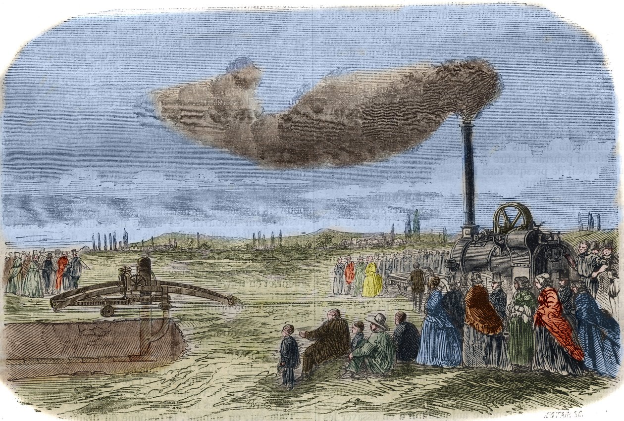 Parní drenáž vynalezená Albertem Fryem (1830? -1903) a Johnem Fowlerem (1826-1864) během mechanické odvodňovací operace poblíž Versailles. Rytina z roku 1856. v „Muzeu věd““ od Unknown artist