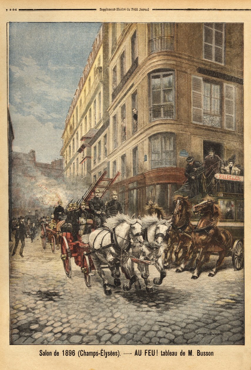Parní čerpadlo a vozidla hasičů v Paříži, podle obrazu pana Bussona. Rytina v “” Le petit journal”” 3/05/1896. Selva sbírka. od Unknown artist