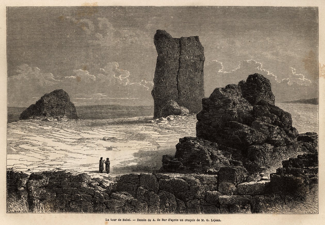 Ruiny Birs Nimroud s výkladní skříní, které tehdejší turistická komunita Bagdádu (Irák) označila za mýtickou babylonskou věž. Engravure pour illustrrer le voyage dans la Babylon, en 1866, Guillaume Lejean, v „Le tour du monde, nouveau j od Unknown artist