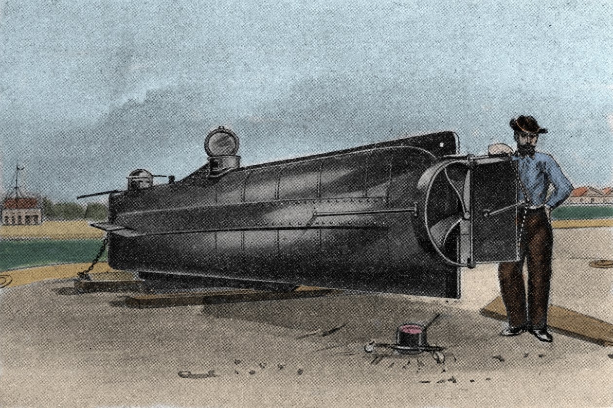 Ponorka (ponorka) CSS H. L. Hunley používaná námořnictvem států Konfederace během války o odtržení. 1861-1865 Rytina 19. stol od Unknown artist