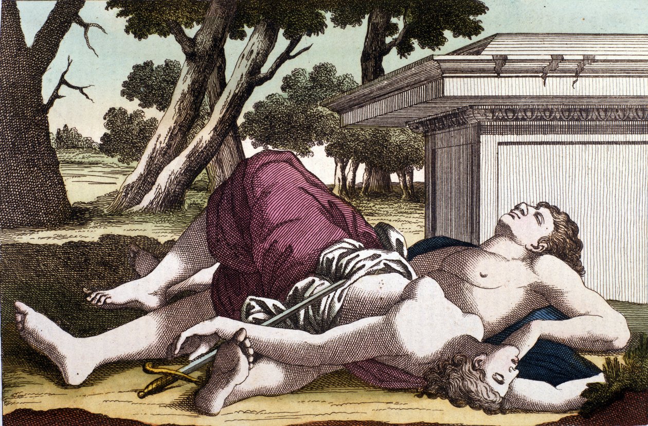 Sebevražda Pyramus (Pirame) pod vraždou a smrt Thisbe. Pyramus, přesvědčený, že lvice pozřela Thisbe, se oddal smrti a pokryl bílé mory její krví. Thisbe, která se skrývá, aby unikla lvu, najde jeho lásku mrtvou a sebevražednou od Unknown artist