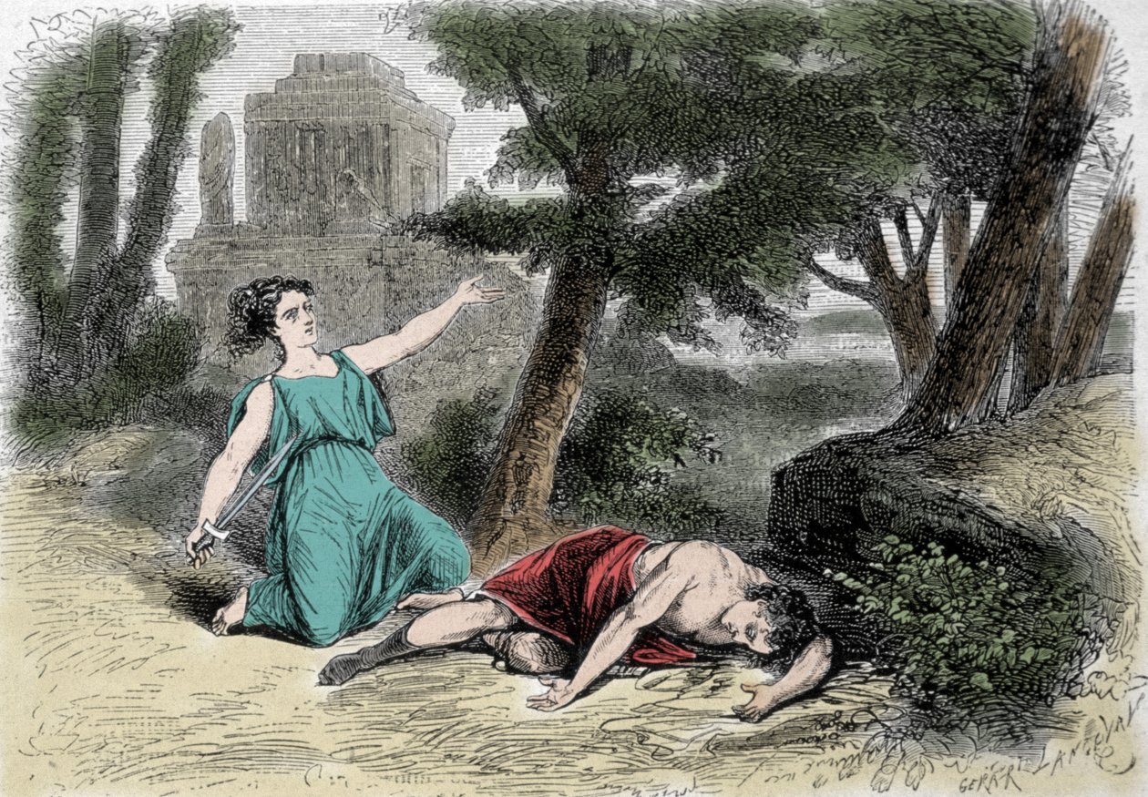 Sebevražda Pyramus (Pirame) pod vraždou a smrt Thisbe. Pyramus, přesvědčený, že lvice pozřela Thisbe, se oddal smrti a pokryl bílé mory její krví. Thisbe, která se skrývá, aby unikla lvu, najde jeho lásku mrtvou a sebevražednou od Unknown artist