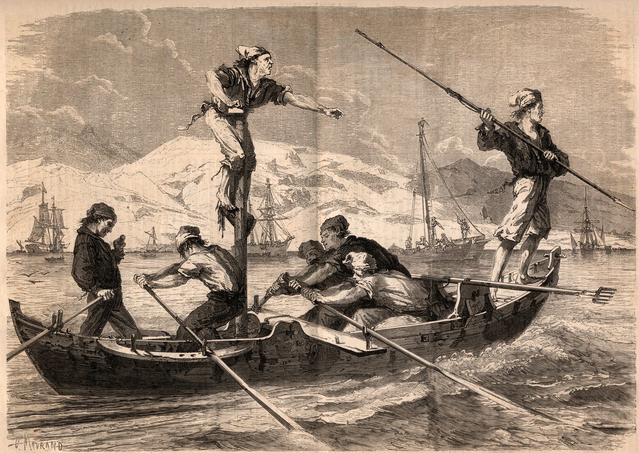 Lov mečouna harpunou (pesce spada, mečoun) na pobřeží Sicílie v Itálii v roce 1862. Rytina v „Le Monde illustrious““ z roku 1862. Soukromá sbírka. od Unknown artist