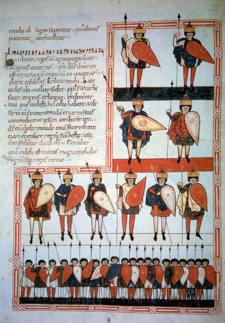 Deset králů apokalypsy, zbraně kopí a štítů se svými vojáky. Miniatura v „“ Beatus de Liebana, komentář k apokalypse““ (Folio 193), Stephanus Garcia od Unknown artist