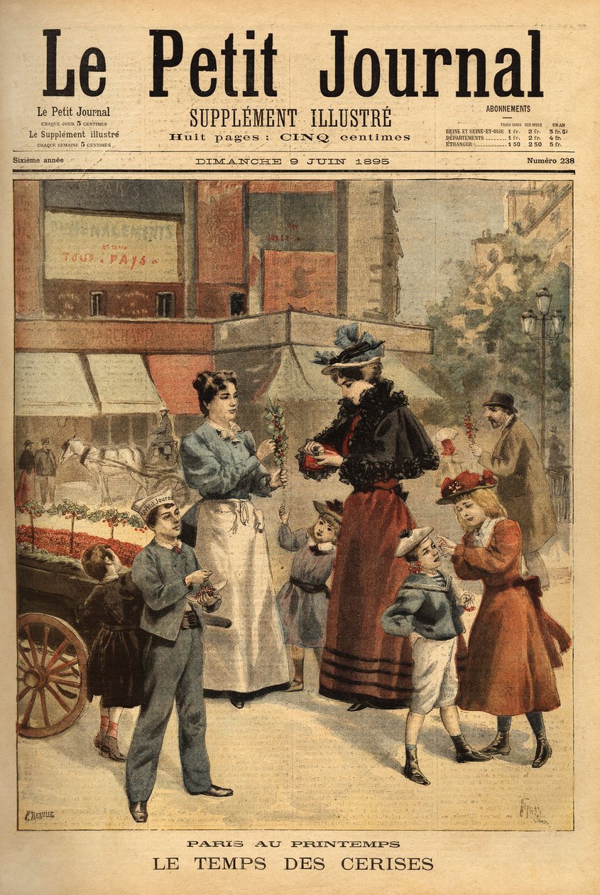 Čas třešní, chodící obchodník v ulicích Paříže. Rytina v „“ Le petit journal““ 6. 9. 1895. Selva sbírka. od Unknown artist