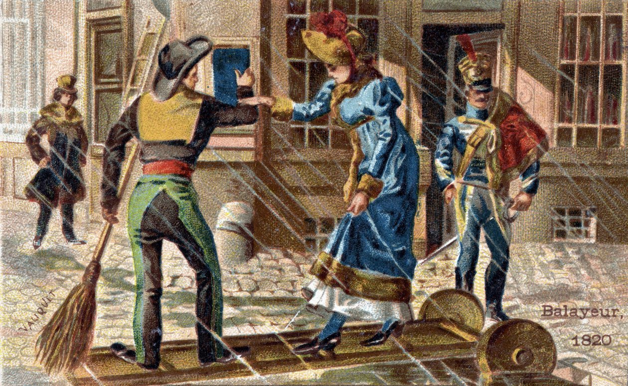 Zametač v roce 1820: metař, který pomáhá mladé ženě přejít louži. od Unknown artist