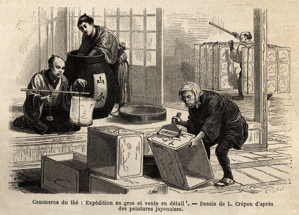 Obchod s čajem: velkoobchodní a maloobchodní doprava. Rytina k ilustraci plavby do Japonska od Aime Humberta, ministra Švýcarské konfederace, v letech 1863-1864, publikovaná v „“Le tour du monde“““ 1869, editoval Edouard Charton, vydání Hachette, Par od Unknown artist