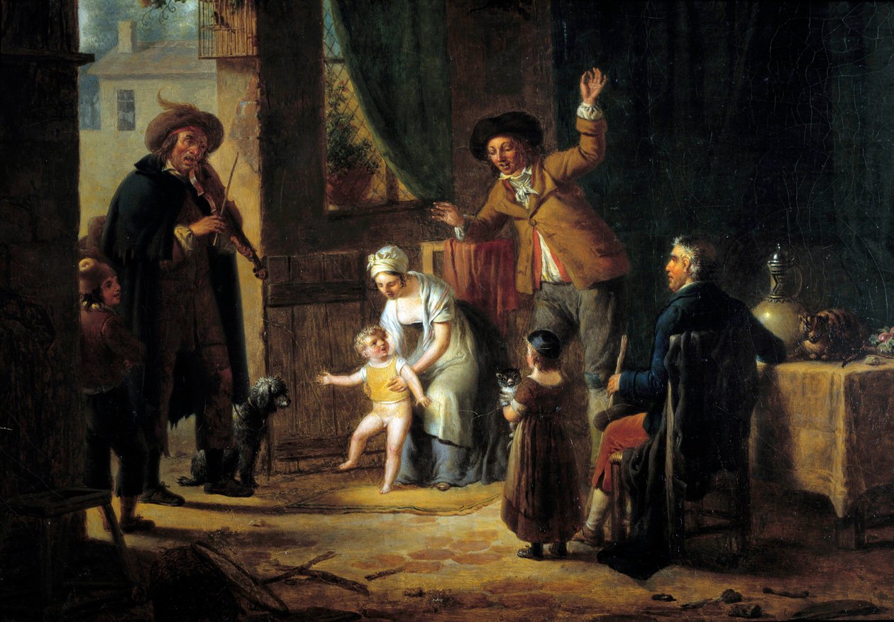Cestující hudebník Houslista hraje hudbu u dveří rodinného domu. Anonymní malování. 1819 Paříž, dekorativní umění od Unknown artist