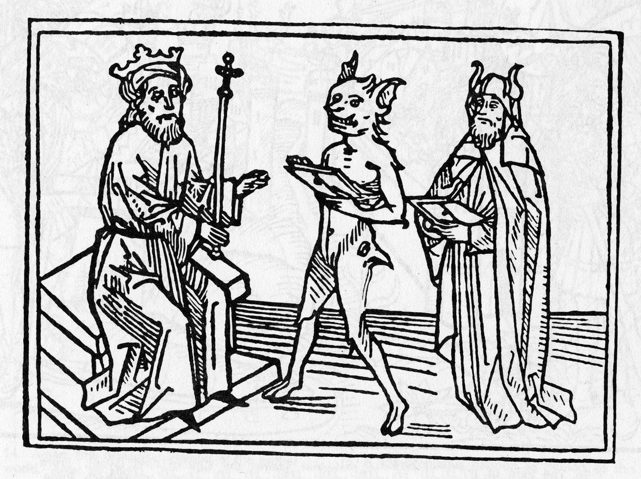 Proces s Belialem: „Démon Belial předkládá své pověřovací listiny soudci Solomonovi“ „Rytina z „Soudu s Belialem““ od Jacobuse de Teramo (nebo Palladino), Ausburg od Unknown artist