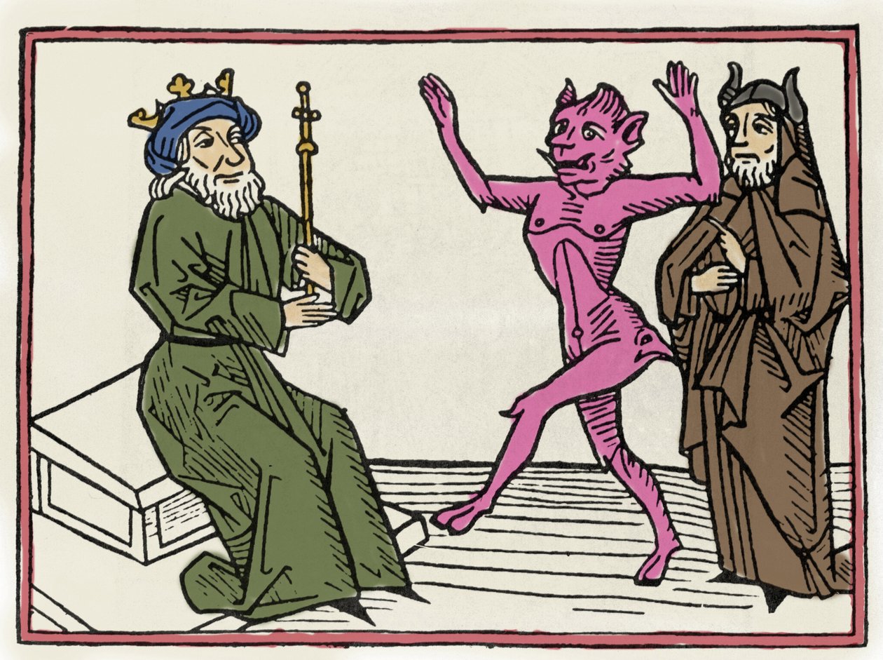 Proces s Belialem: „“Démon Belial tančí před soudcem Solomonem“““ Rytina z „Procesu s Belialem““ od Jacobuse de Teramo (nebo Palladino), Ausburg od Unknown artist