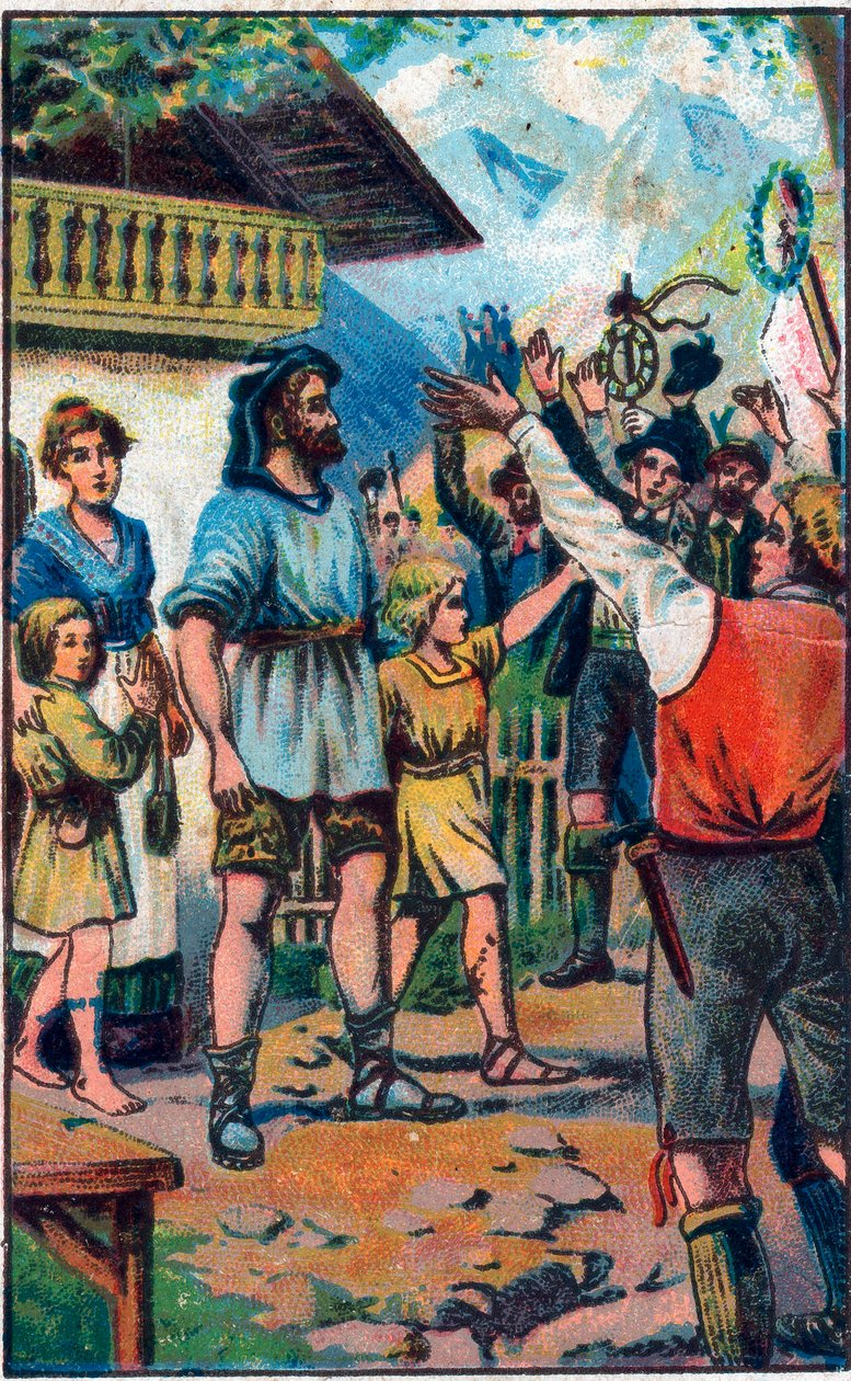 Pocta konfederace Guillaume Tellovi (William Tell) (legendárním hrdinům švýcarské nezávislosti) Chromolitografie konce 19. století. od Unknown artist